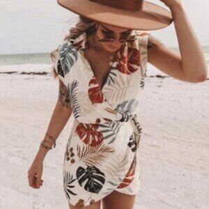 Vici Palm Leaf Mini Wrap Dress Womens Size Large Tropical Linen Blend Casual